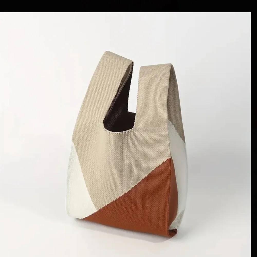 Geometric Colorblock Knit Tote Bag Tan Brown White Minimalist Shoulder Bag‎